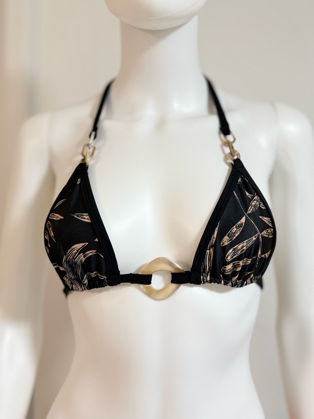 Black Triangle Bikini Top with Beige Leaf Print